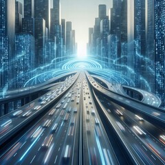 3D Rendering of abstract highway path through digital binary towers in city.