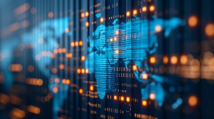 Digital world map with data points and connections representing global network and big data in technology and innovation.