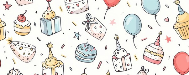 A colorful birthday party scene with balloons, cakes, and presents.