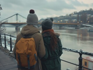 Obraz premium A pair of people standing together on a bridge, looking out at the view