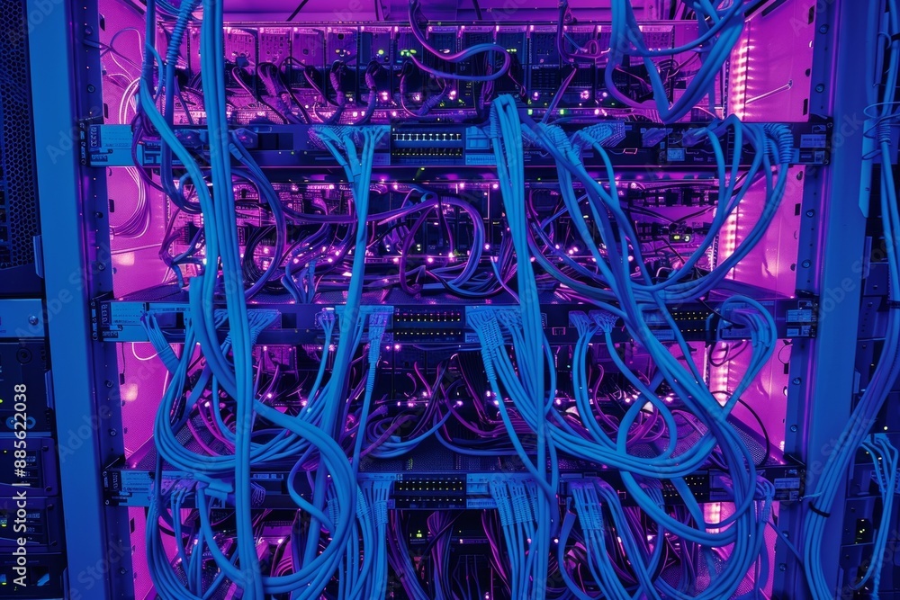 Poster a pixelated tangle of brightly colored network cables behind a server rack, creating a chaotic yet n