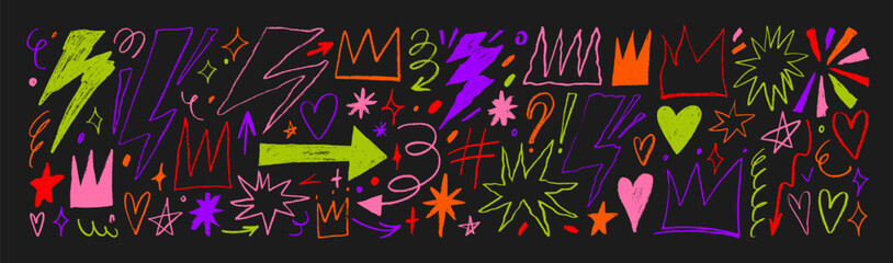 Colorful charcoal graffiti doodle punk shapes collection. Crayon drawn lightnings, crowns, heart, star and squiggles. Hand drawn vector scribbles and squiggles, punk icons and doodle grange elements.