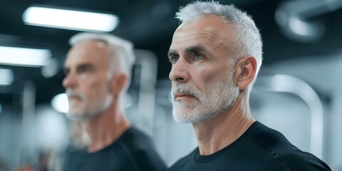 Obraz premium Two middleaged men working out together in a gym. Concept Gym workout, Middle-aged men, Fitness buddies, Strength training, Workout motivation