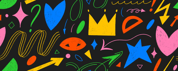 Colorful girly seamless pattern with crayon drawn shapes, arrows, crown and heart. Abstract y2k background. Kid's style funky elements. Hand drawn Memphis style pattern with cute and trendy shapes.