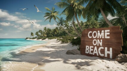A sign that says come on beach in front of a tropical island, AI