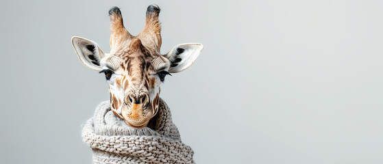 Naklejka premium A stylish giraffe wrapped in a cozy grey scarf, humorously personified against a light background, blending fashion and wildlife themes.