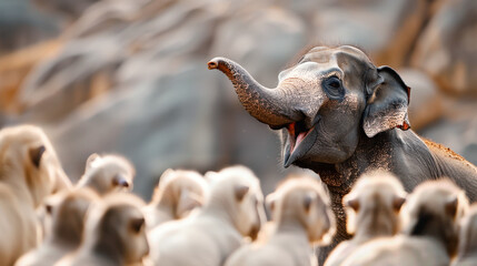 Obraz premium A young elephant interacts with a group of sheep on a rocky landscape, showcasing a unique and heartwarming animal encounter.