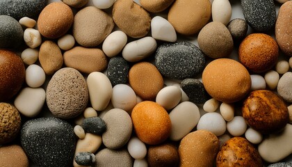 Pebbles Background Close-Up In Neutral Colors Viewed From Above.