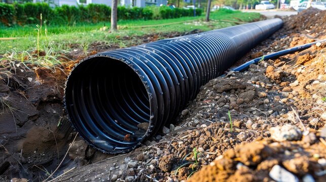 Large black plastic drainage pipe for sewage and water supply on a lawn at a construction site
