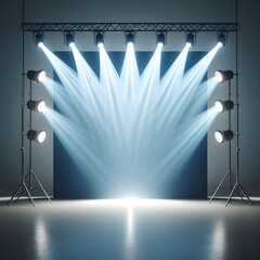 A stage is illuminated by multiple spotlights, casting bright beams of light in a symmetrical pattern, creating a dramatic and focused atmosphere