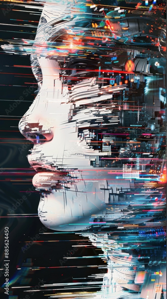 Poster futuristic digital face profile with abstract glitch effects, representing advanced technology and a