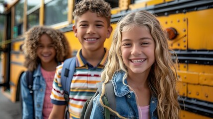 Smiling School Children Standing in Line by a Yellow School Bus