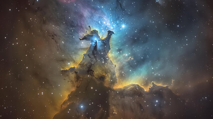 Fototapeta premium A photo of the Eagle Nebula, with the Pillars of Creation as the background, during a stellar nursery