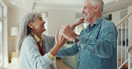 Dancing, love and elderly couple with hug in living room for happiness, relationship or care. Smile, married man and senior woman with retirement for movement, embrace or bonding together in home - Powered by Adobe