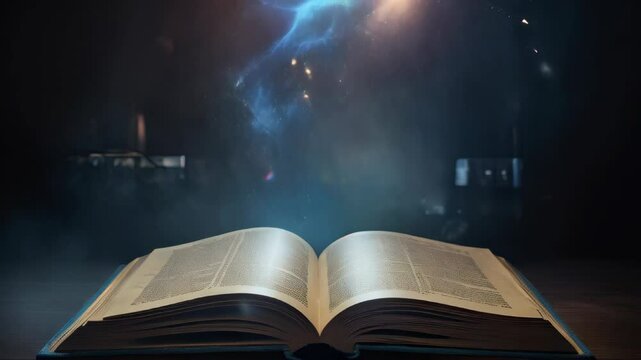 A book lies open, emitting a swirling, ethereal light, like a cosmic dance of knowledge and imagination