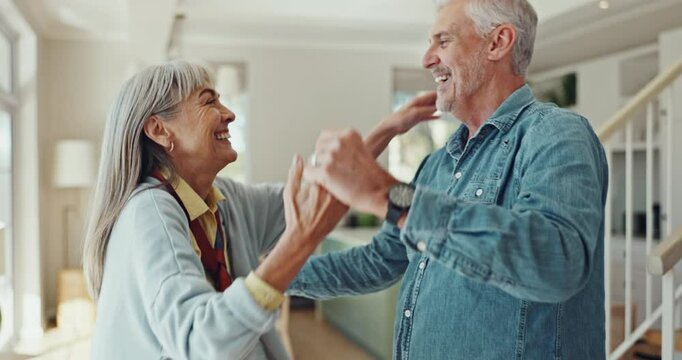 Dancing, love and elderly couple with hug in living room for happiness, relationship or care. Smile, married man and senior woman with retirement for movement, embrace or bonding together in home