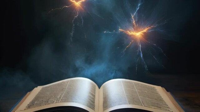A mystical book on a wooden surface with glowing energy above it