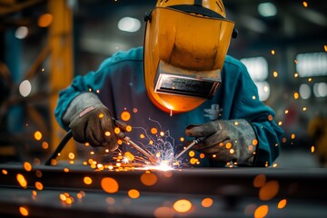 A welder wearing a protective helmet works with sparks flying in an industrial setting, showcasing the art and skill of metalworking.