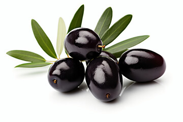 Black olives with leaves, isolated on white background