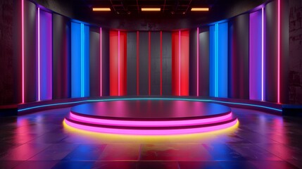 An empty game show stage with colorful, retro-inspired geometric backdrop. The retro game show stage with a colorful, geometric backdrop reminiscent of 70s game shows.