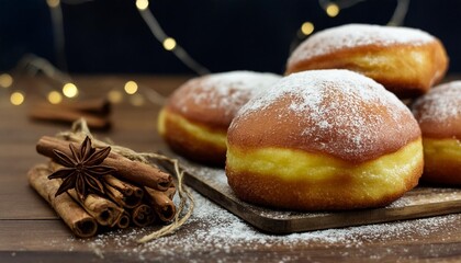 close up of delicious cinnamon donuts topped with powdered sugar placed on a rustic wooden table with cinnamon sticks