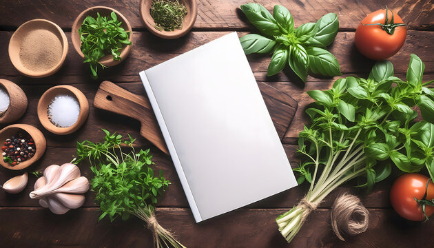 Mock-up of a white magazine cover. On a wooden table with herbs and garlic. Cooking inspired.