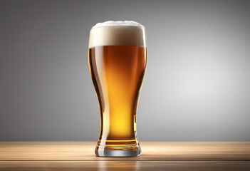 A glass of frothy beer, filled with golden beer and a thick white foam head, set against a neutral background. Oktoberfest theme.