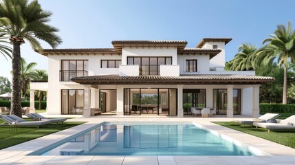 Fototapeta premium A large white house with a pool and a palm tree in the background