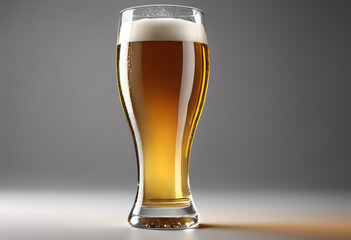 A glass of frothy beer, filled with golden beer and a thick white foam head, set against a neutral background. Oktoberfest theme.