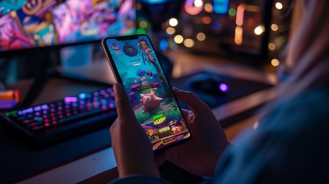 Person playing a colorful mobile game on a smartphone at a gaming setup with keyboard and monitor, in a dimly lit room with vibrant neon lights. - Powered by Adobe