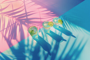 pastel illustration in blue and pink sunlight, palm shadows, party, cocktail