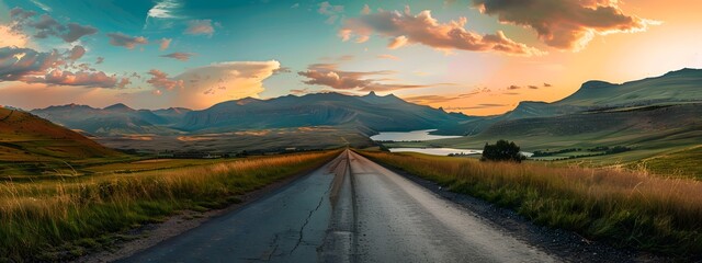 Obraz premium A road leading to the horizon, flanked by mountains and grasslands on both sides of the lake at sunset. The sky is colorful with clouds, creating an endless feeling of freedom and adventure