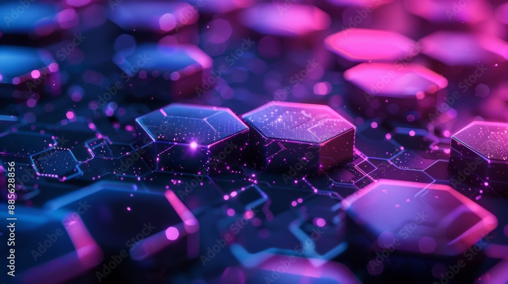 Poster futuristic hexagonal circuitry in vibrant neon colors. abstract technology background ideal for mode