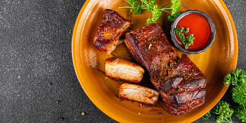 pork ribs fried meat grilled barbecue tasty fresh meal food snack on the table copy space food background rustic top view