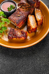 pork ribs fried meat grilled barbecue tasty fresh meal food snack on the table copy space food background rustic top view