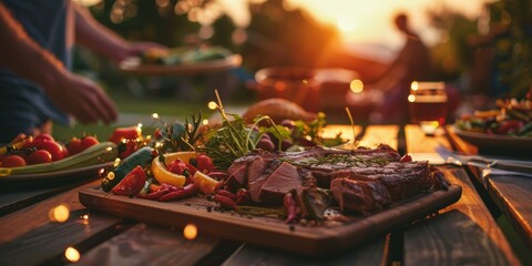 Repas en plein air avec viande grillée et légumes au coucher du soleil
