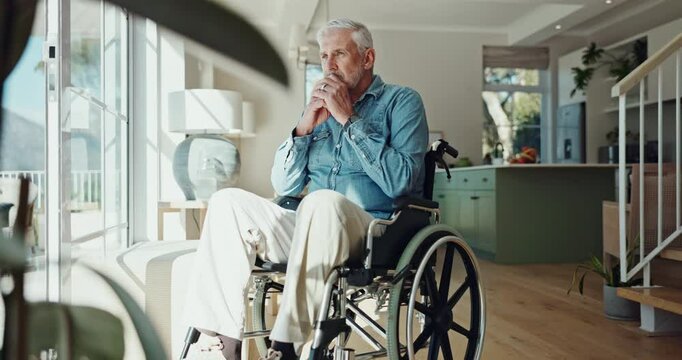 Wheelchair, thinking and senior man in home for depression, nostalgia and reflection in living room. Sad, retirement and person with disability with thoughtful memory, ideas and wonder in house