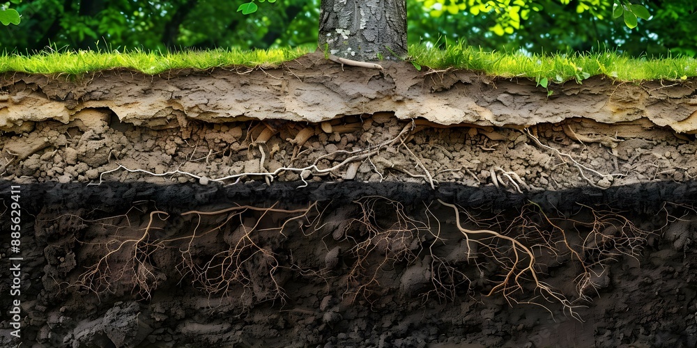 Poster cross-section showing complex tree root system and layers of soil underneath. concept tree root syst