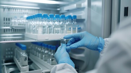 Fototapeta premium A gloved hand reaches into a laboratory refrigerator, holding a small glass vial filled with liquid. The scientist is meticulously examining the sample in a sterile environment