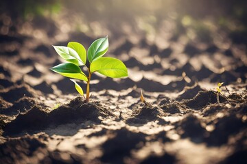 Ecology concept. Rising sprout on dry ground..