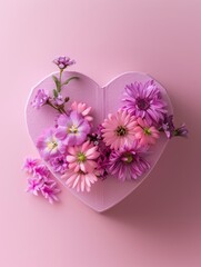 A heart-shaped box filled with flowers on a pink background