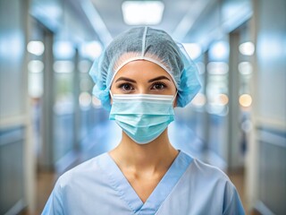 Portrait of a female nurse wearing a surgical cap and face mask standing in a hospital