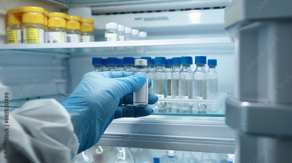 Poster A gloved hand reaches into a refrigerated storage unit, carefully retrieving a small vial from a row of similar containers