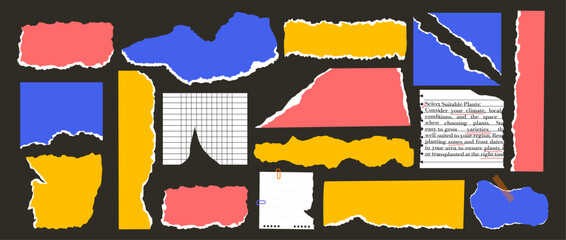 Collage of torn paper scraps. Wrinkled templates. Ragged edges, crumpled paper. Frame, textbox. Retro. Set of sheets of paper. Vector illustration. Newspaper. Trendy elements for design. Stickers.
