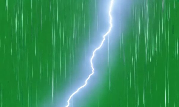 Intense thunderstorm effects with bright lightning and pouring rain on a vibrant green screen (mov)
