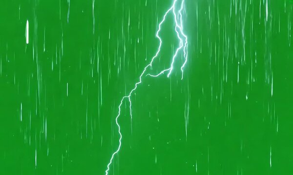 Intense thunderstorm effects with bright lightning and pouring rain on a vibrant green screen (mov)