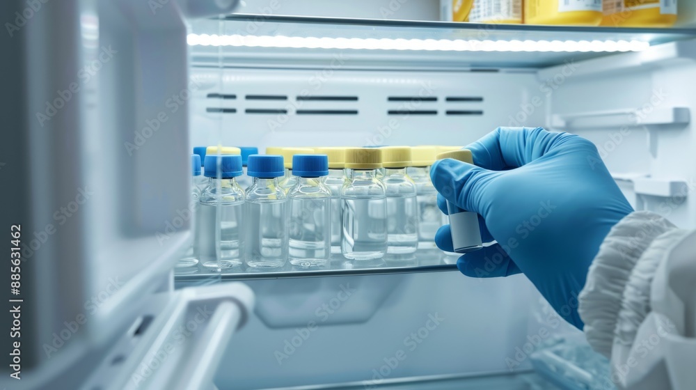 Poster a gloved hand reaches into a laboratory refrigerator, holding a small glass vial. other vials are vi