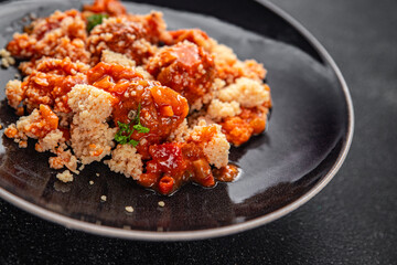 couscous with meat balls vegetable sauce tasty fresh meal food snack on the table copy space food...
