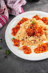 couscous with meat balls vegetable sauce tasty fresh meal food snack on the table copy space food background rustic top view keto or paleo diet