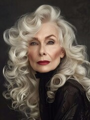 Fototapeta premium elderly fashion model with grey full hair, mature womanl close-up portrait. an elderly well-groomed woman